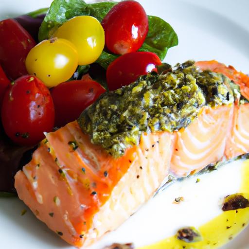 Fresh Flavor Fusion: pesto Salmon with Cherry Tomato Salad